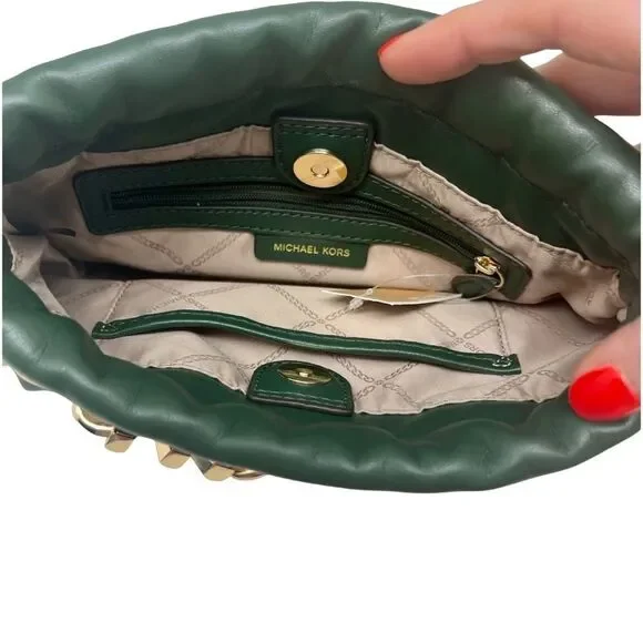 NWOT Michael Kors Lina XS Drawstring Crossbody Bag Green Moss Authentic Gold - Picture 5 of 5